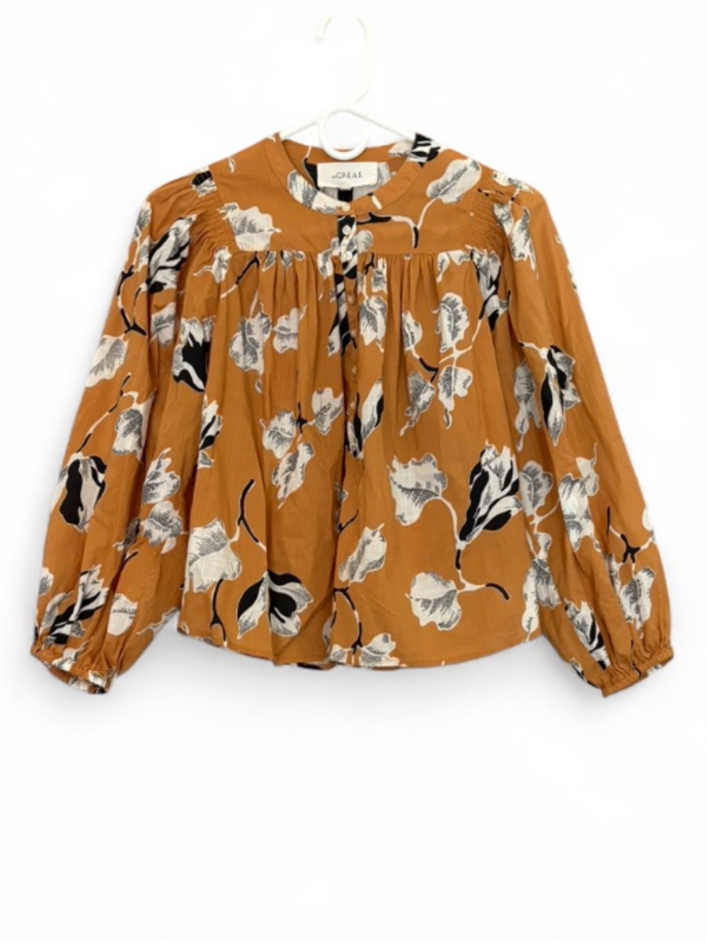 THE GREAT. Boho Chic Floral Gathered Puff Sleeve Peasant Blouse